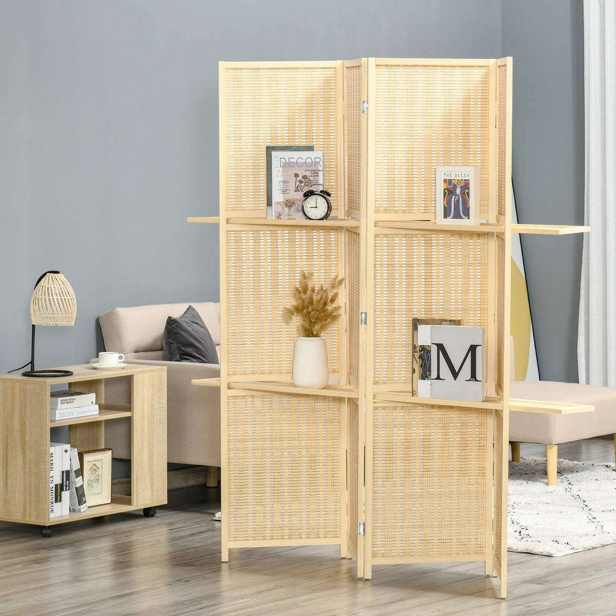 Room divider, bamboo partition, 2 shelves, foldable, foot pads, natural (2)