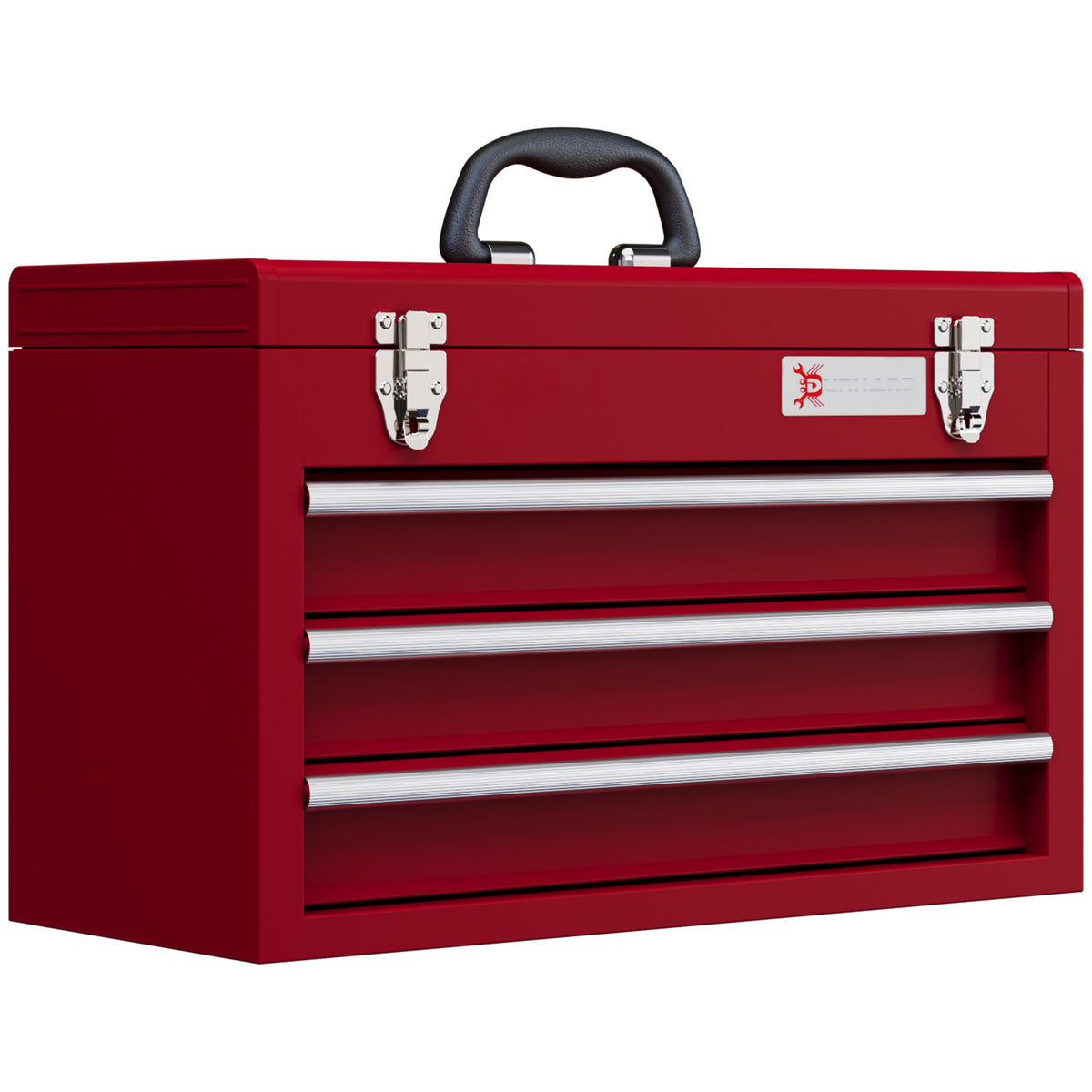 Toolbox with 3 drawers, top storage compartment, steel latches, carrying handle, 51x22x32 cm, red