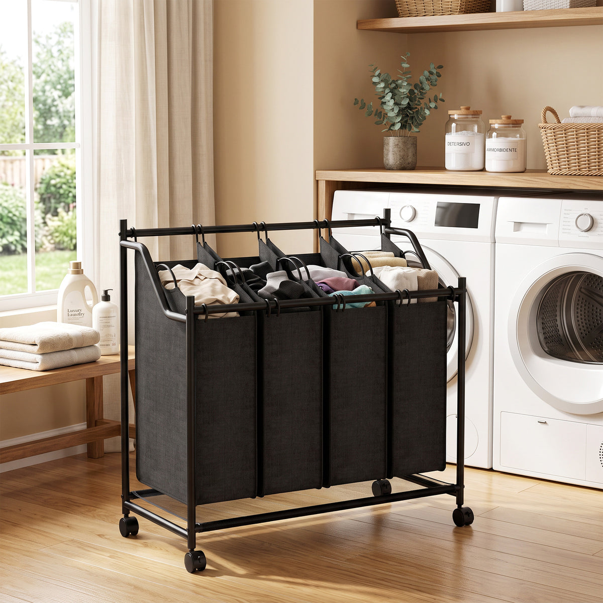 Laundry hamper with handle, 108 L rolling laundry basket with 4 compartments and wheels, black (2)
