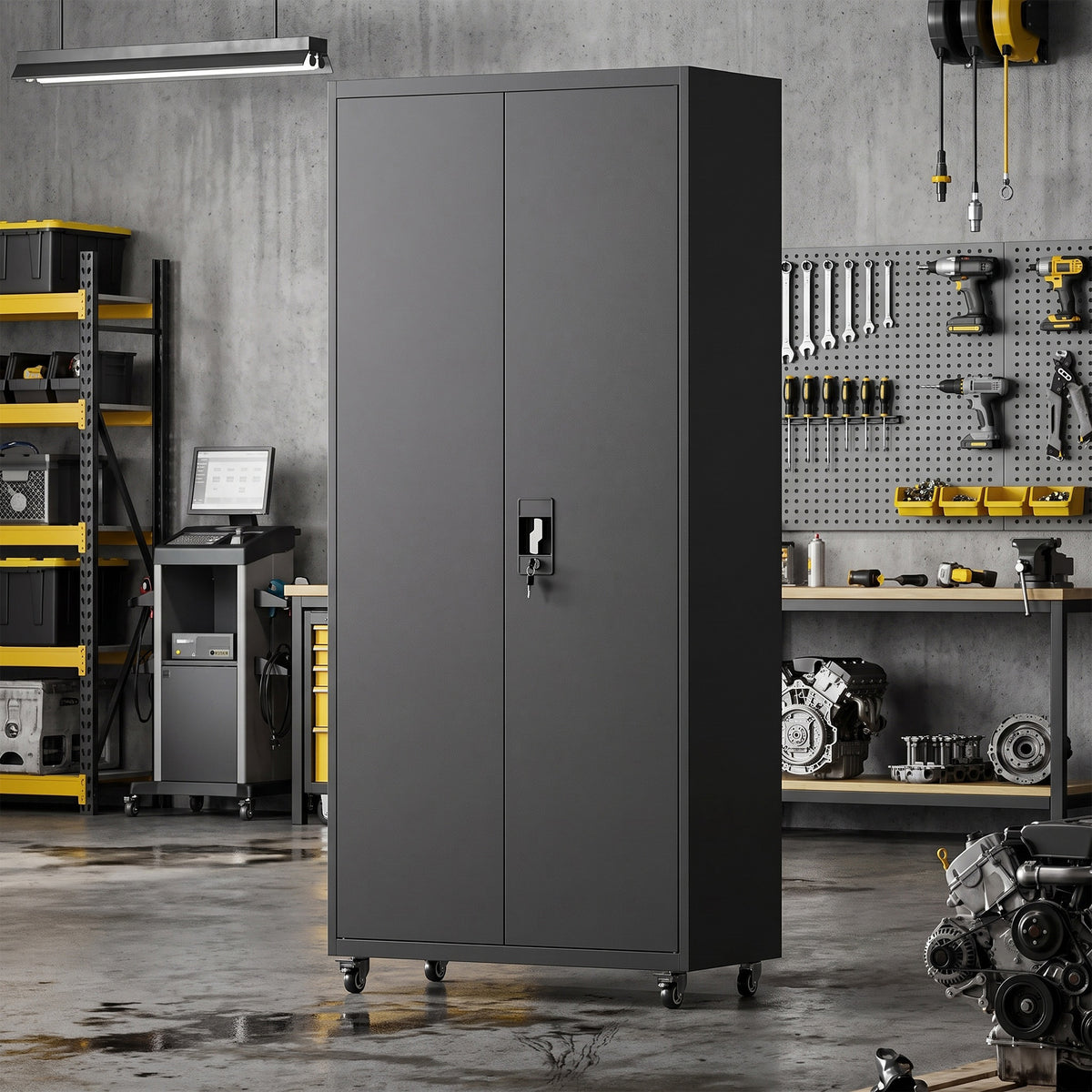 Filing cabinet, lockable metal cabinet with wheels, adjustable shelves, made of steel, 80 x 40 x 180 cm black (10)