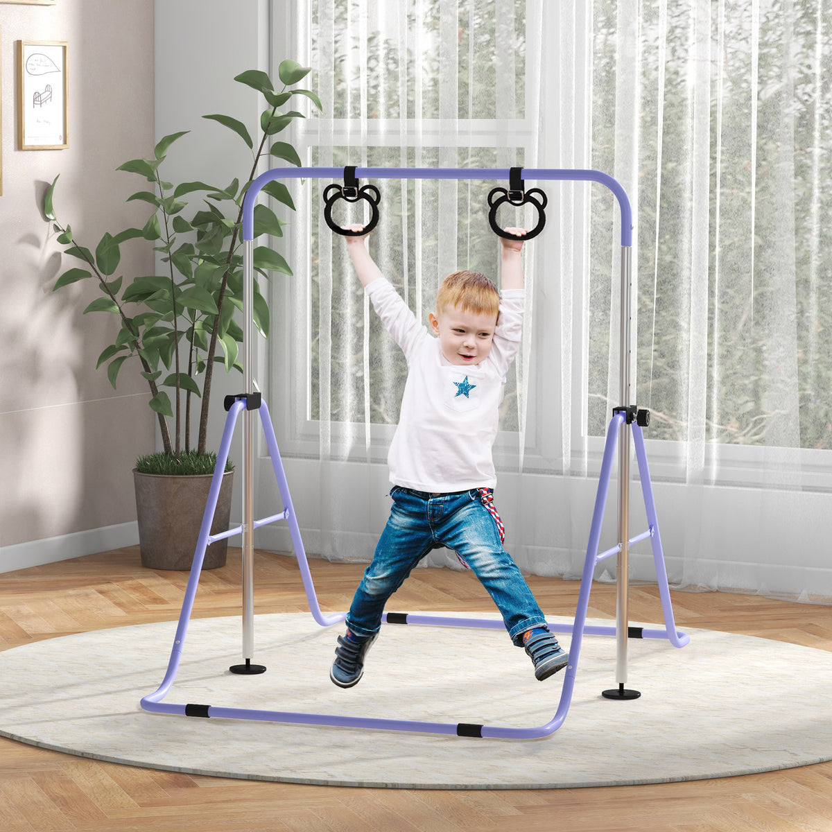 Children's gymnastic bars with rings, height-adjustable, foldable, non-slip, steel frame, 148x105x88-128 cm (2)