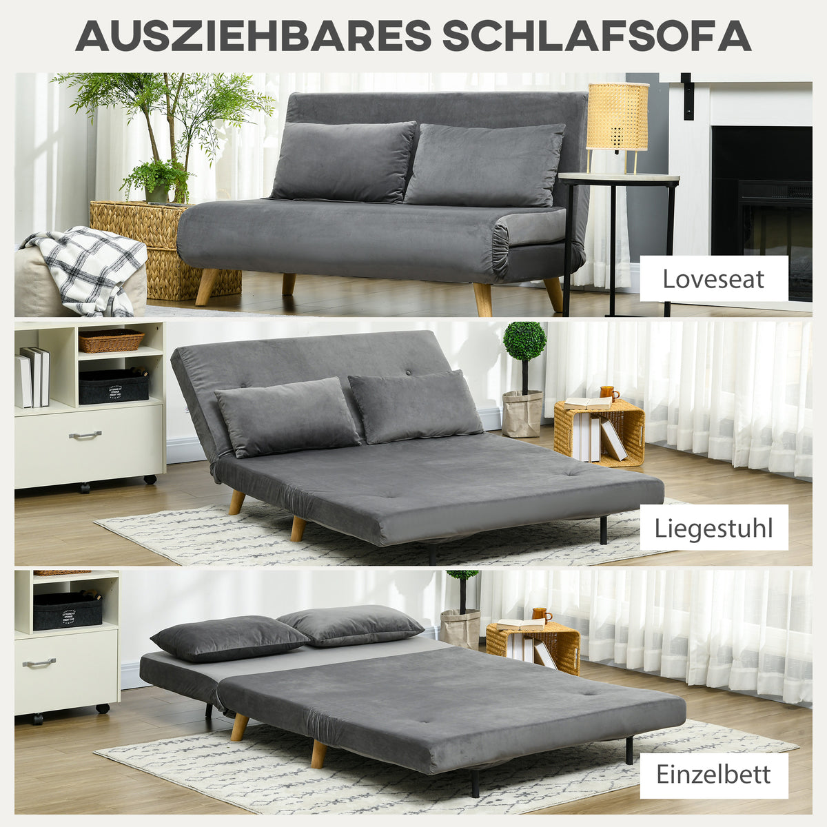 Sofa bed, relax sofa, sofa, couch, incl. 2 cushions, velvet look, 130 x 78 x 79 cm, grey (4)
