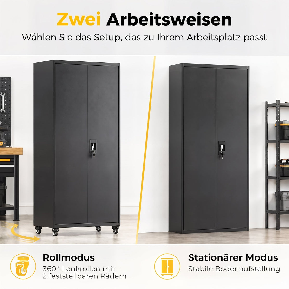 Filing cabinet, lockable metal cabinet with wheels, adjustable shelves, made of steel, 80 x 40 x 180 cm black (5)