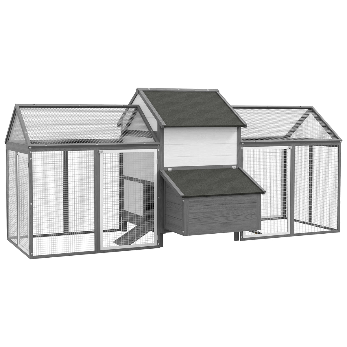 Chicken coop small animal house 2 outdoor enclosures, 1 nesting box, 2 ramps, asphalt roof, weather-resistant