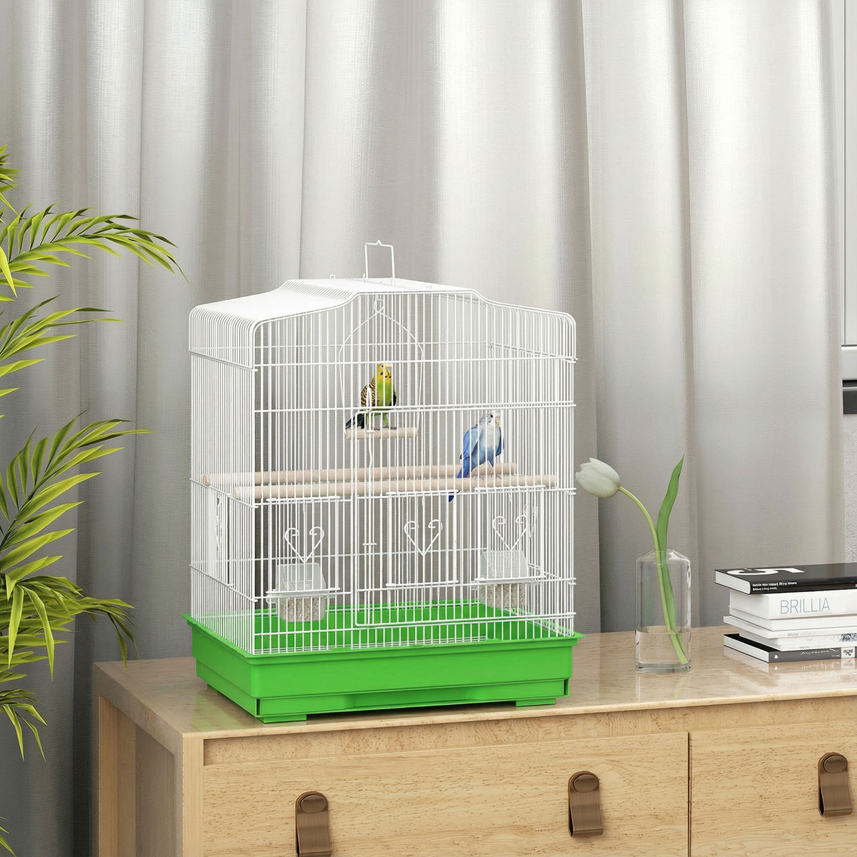 Vintage-style birdcage for small bird species incl. accessories 46.5 x 36 x 59 cm steel, wood, white+green (2)