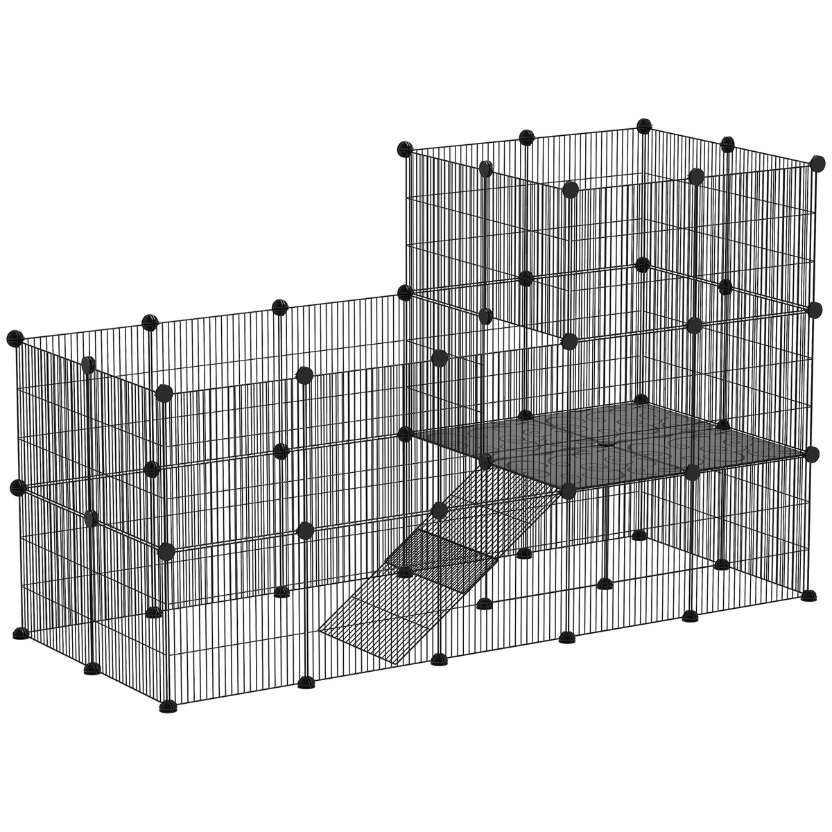Enclosure for dwarf rabbits, 39-panel playpen for small pets, with ramp, for small animals, indoor, black