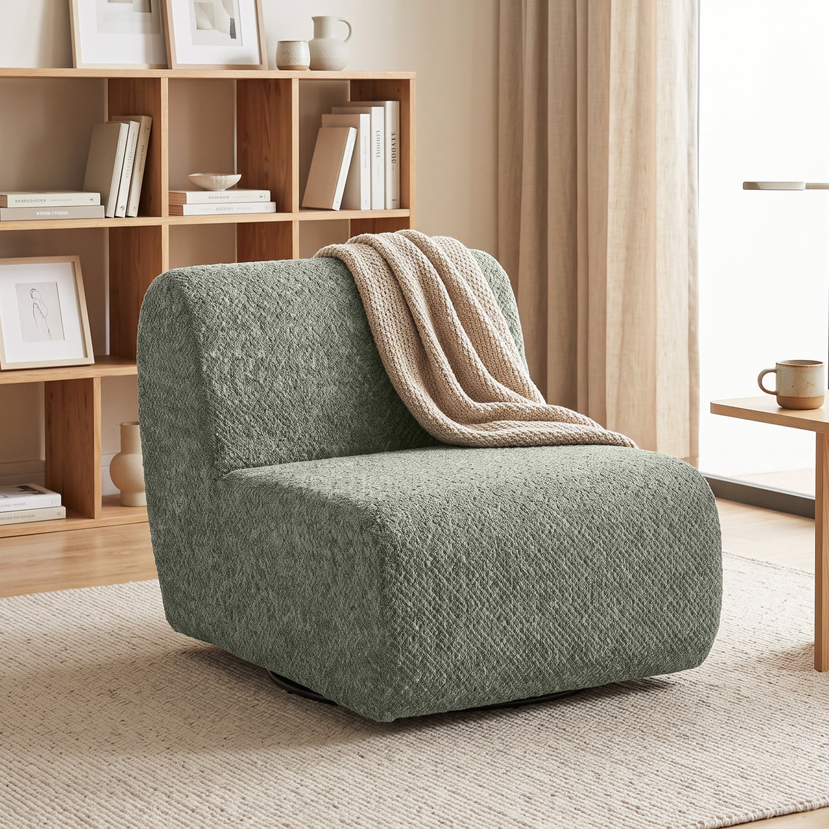 Armchair Swivel lounge chair with chenille look, wide seat, for living room, bedroom, grey (10)