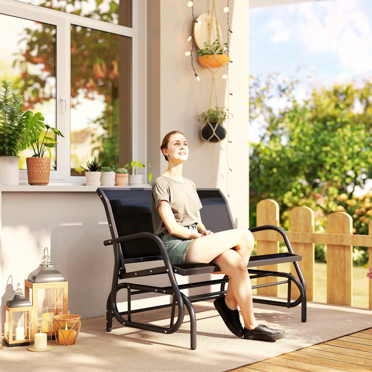 Seater Rocking Chair Garden Bench with rocking mechanism, load capacity up to 200 kg, 120 x 70 x 85 cm, Black (2)