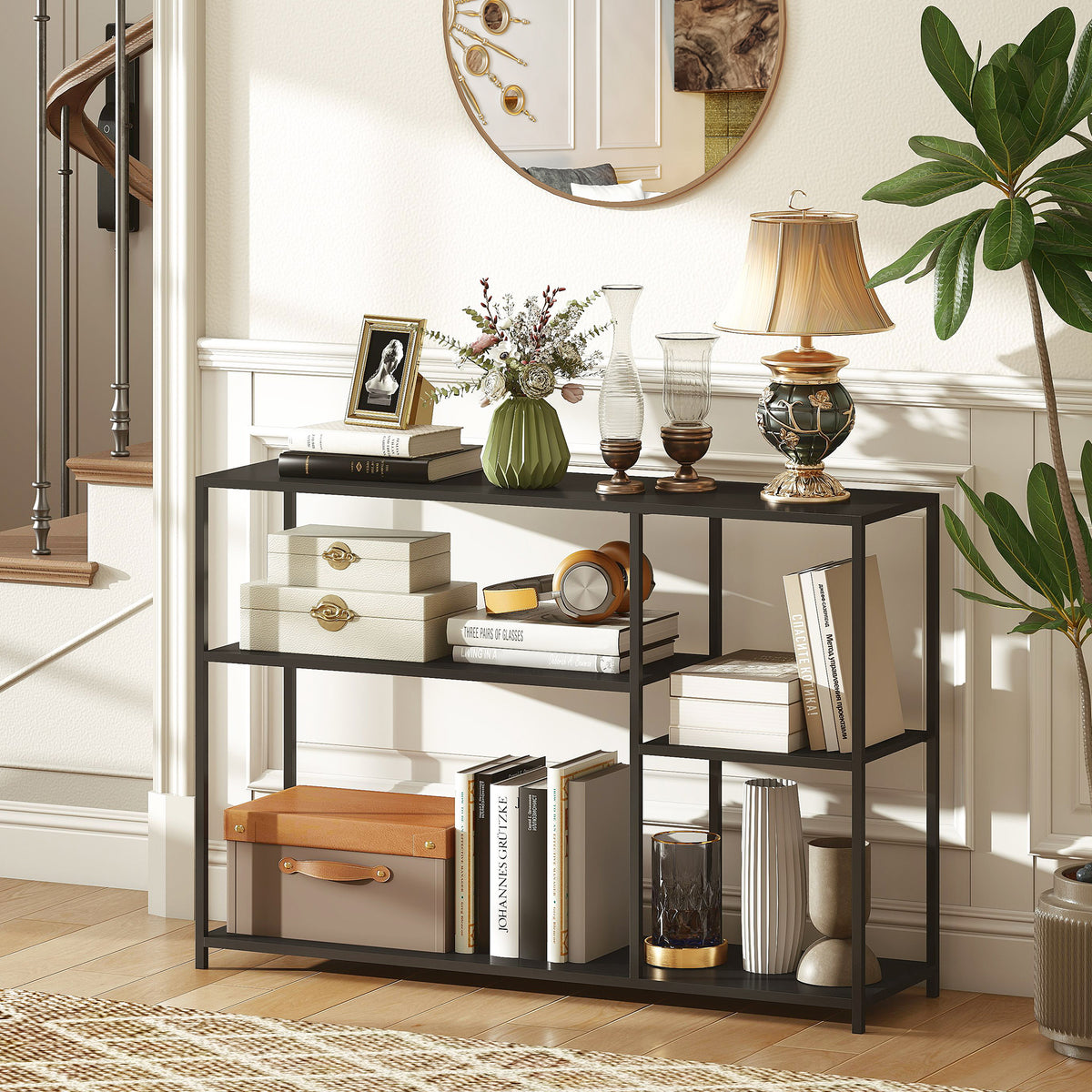 Console table, 4 tiers, steel frame, for hallway, living room, black (2)