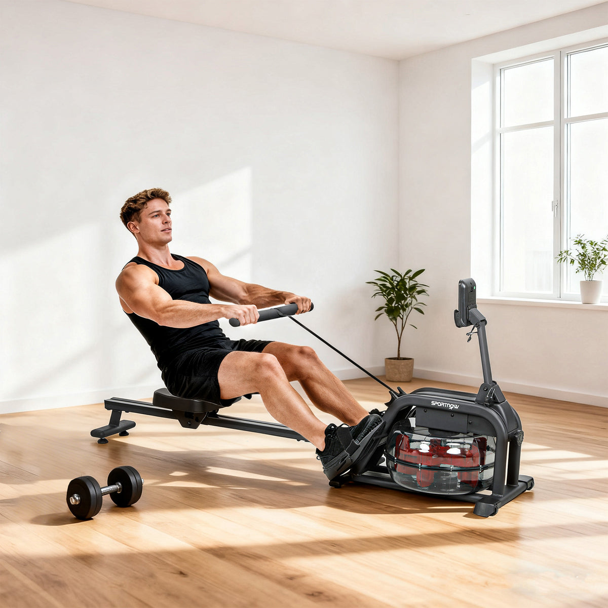 Rowing machine for training, rower with 6-11 L water tank, LCD monitor, phone holder, 135 kg weight capacity (2)