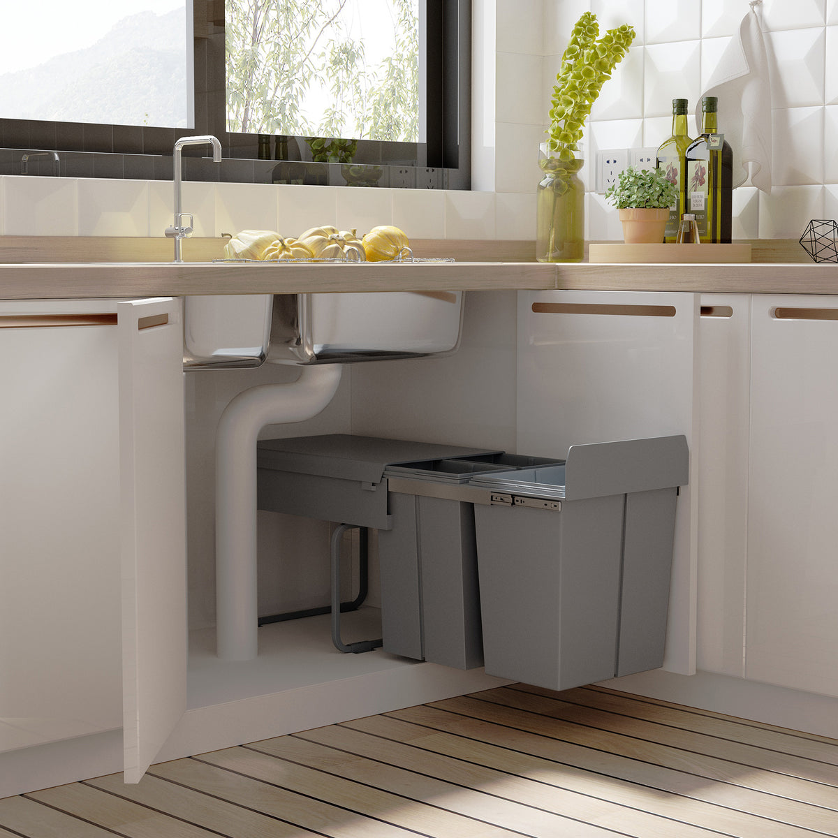 Waste bin unit with 3 compartments for waste separation, rail system, built-in, set of 3 waste bins, grey (2)