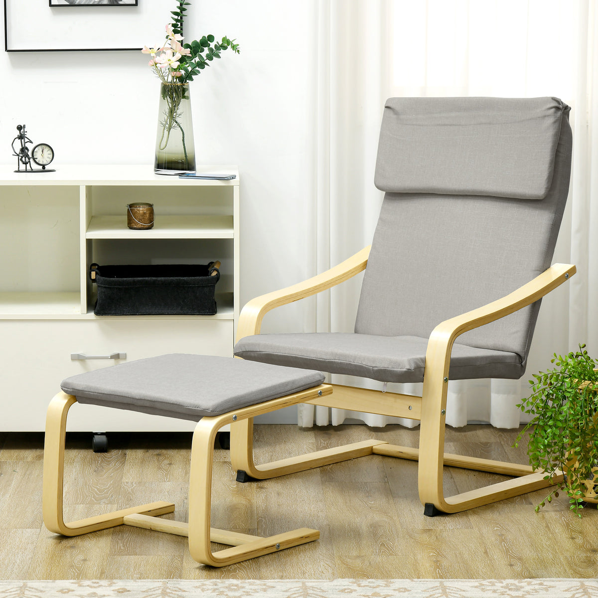 Lounge chair with footstool, linen-look upholstery, wooden frame, up to 120 kg, light grey/natural (2)