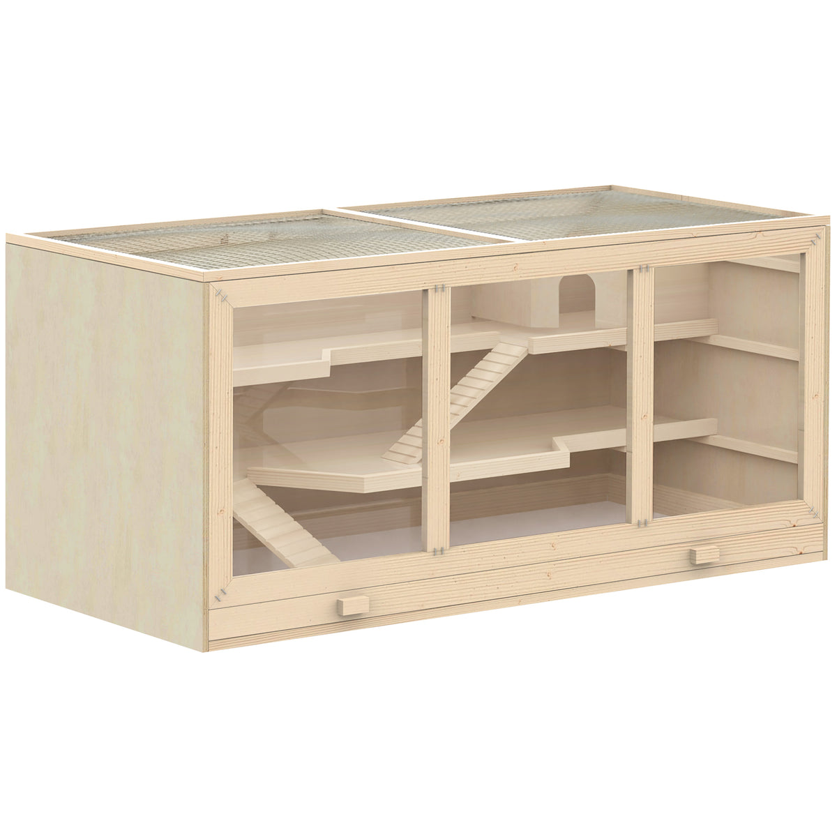 Wooden hamster cage, 3 tiers, rodent cage with cleanable tray, small animal cage with hinged lid, stairs, wooden