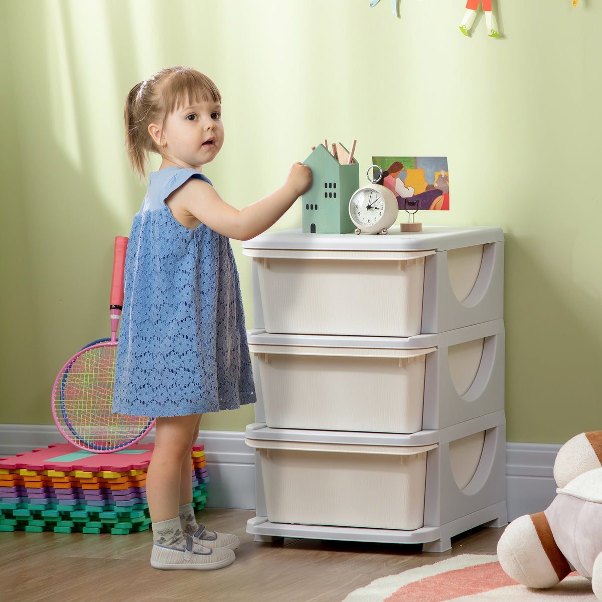 Storage boxes for children, 3 large drawers, rounded edges, plastic, 37x37x56.5 cm, cream white (2)
