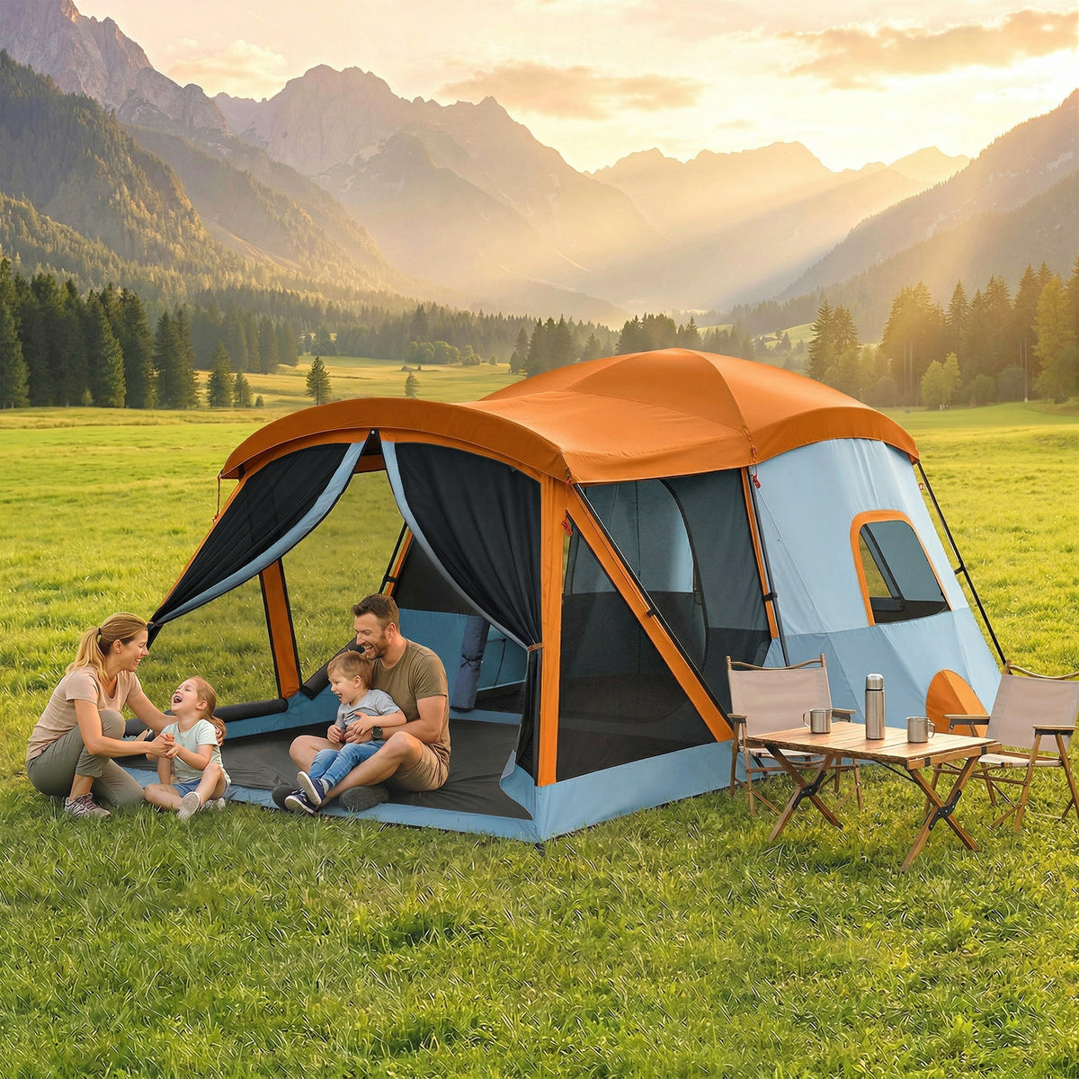 Tunnel tent 4-person family tent with bedroom and living room, skylights, groundsheet, standing height, 3000 mm (2)