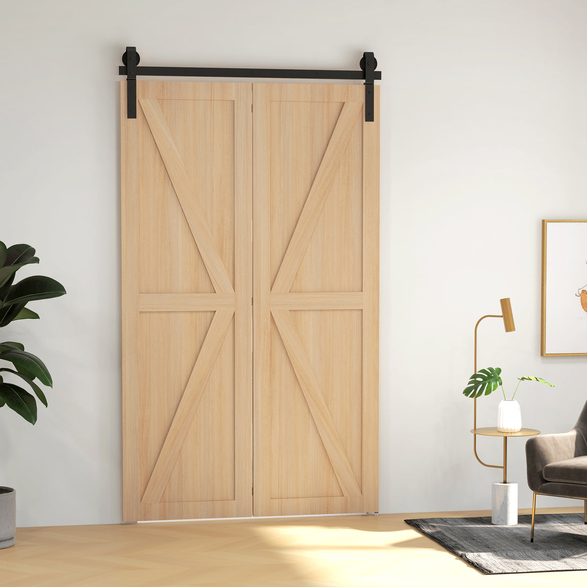 Sliding door hardware kit 122 cm, hardware kit for double sliding doors with J-shaped hangers, pipe clamps (2)