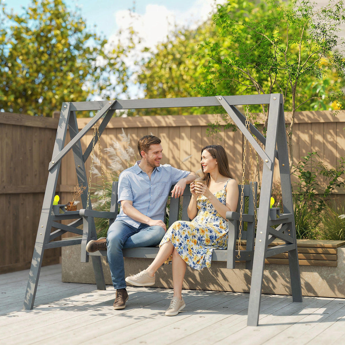 2-seater wooden porch swing, garden swing with side tables, cup holders, load capacity up to 250 kg, for garden (2)