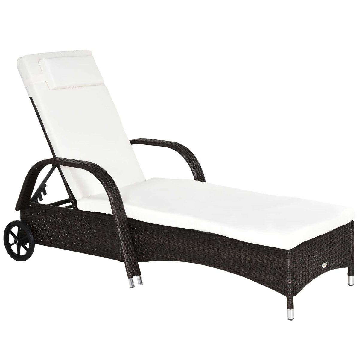 Garden lounger with cushion, adjustable backrest, metal frame, polyrattan, brown+cream, 200 x 73 x 103 cm