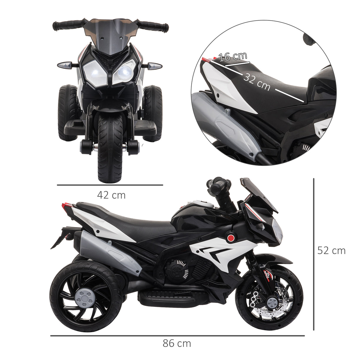 Electric ride-on motorcycle for kids, lights & sounds, 3 km/h, rechargeable, plastic & metal, black/white (3)