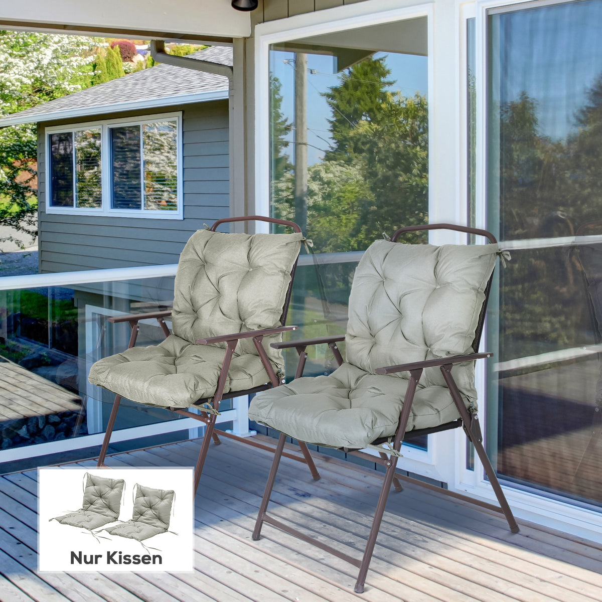 Set of 2 seat cushions, 98 x 50 cm chair cushions with ties, fabric cover, 8 cm thick light grey (2)