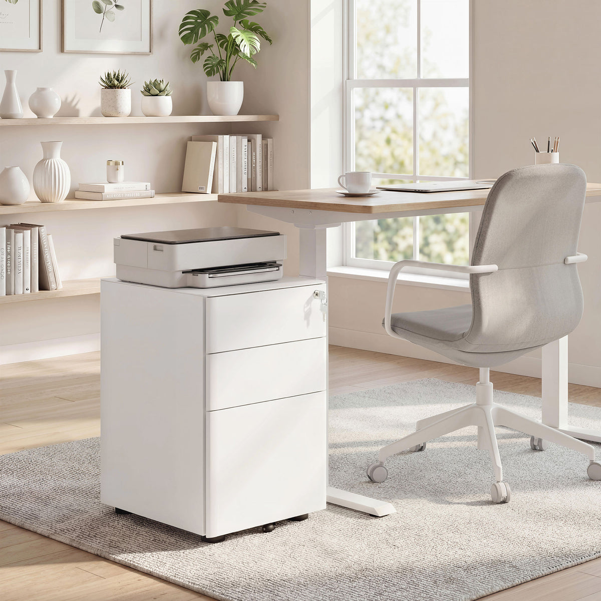 Mobile pedestal with 3 drawers, lockable filing cabinet on wheels, office cabinet with hanging file folder and (2)