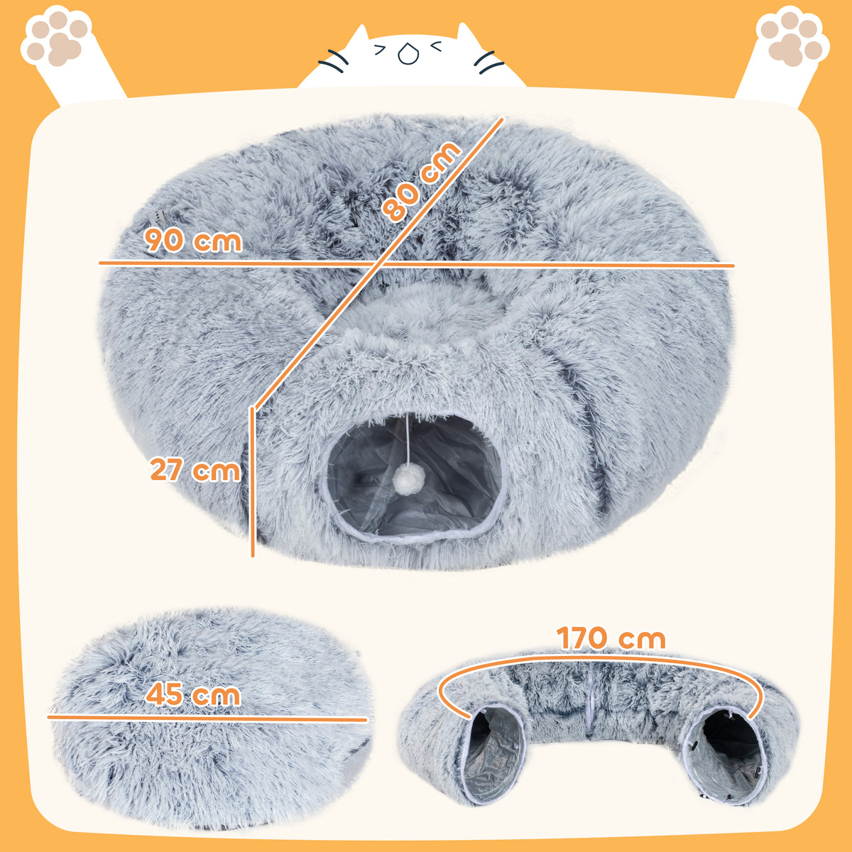 Cat tunnel, plush fabric, cushion, foldable, metal frame, cat cave, light gray (3)