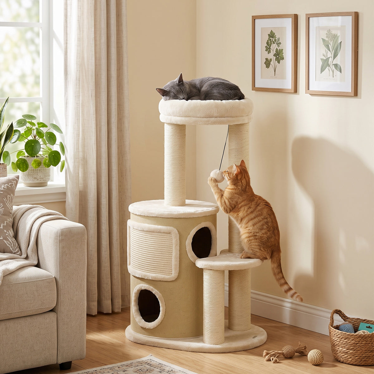 Cat tree with 2-tier scratching barrel, cat tree with sisal scratching posts, platform, sisal board, and play (2)