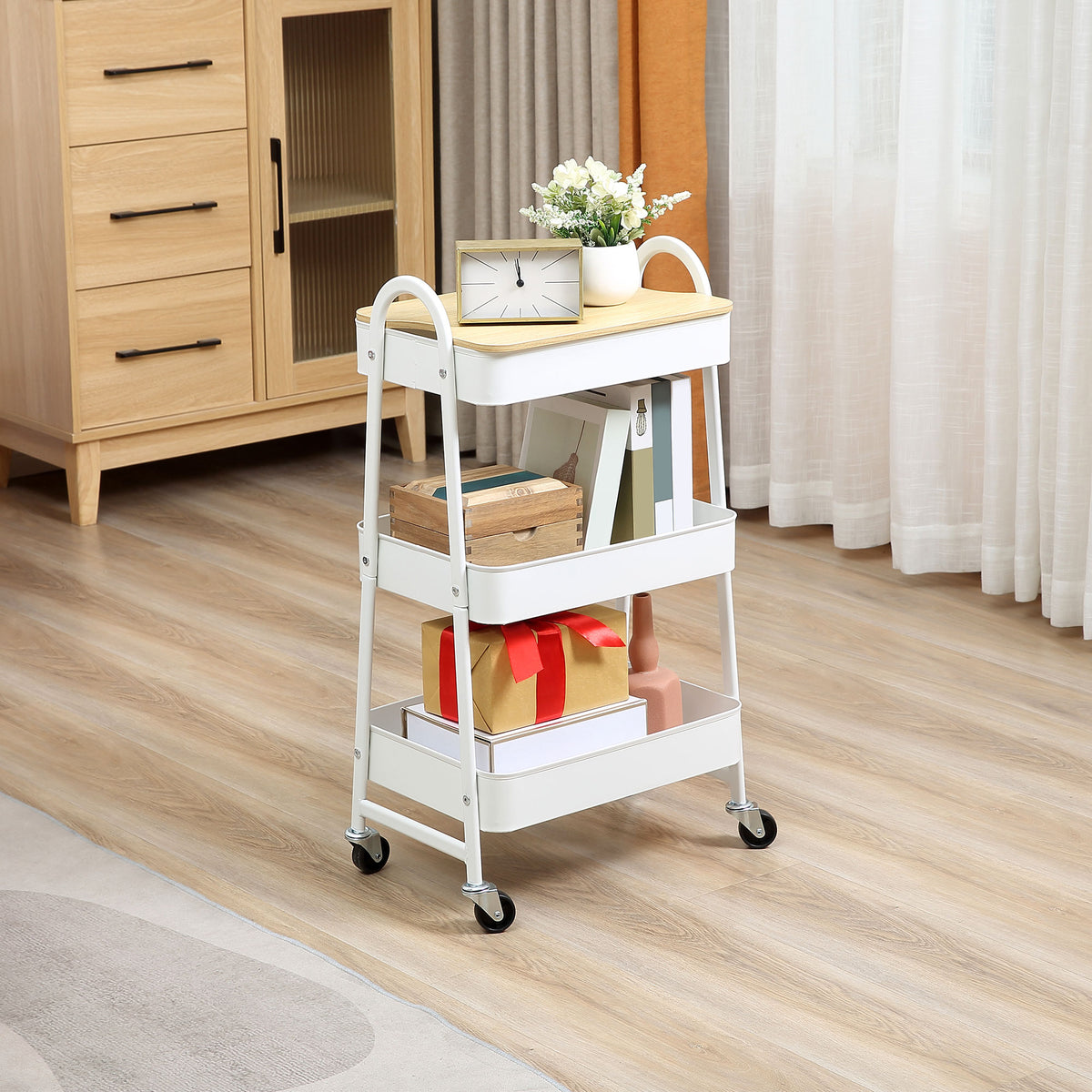 3-Tier Serving Trolley, Kitchen Cart with Wheels, Handle, Kitchen Shelf with Basket and Lid, Rolling Cart (2)