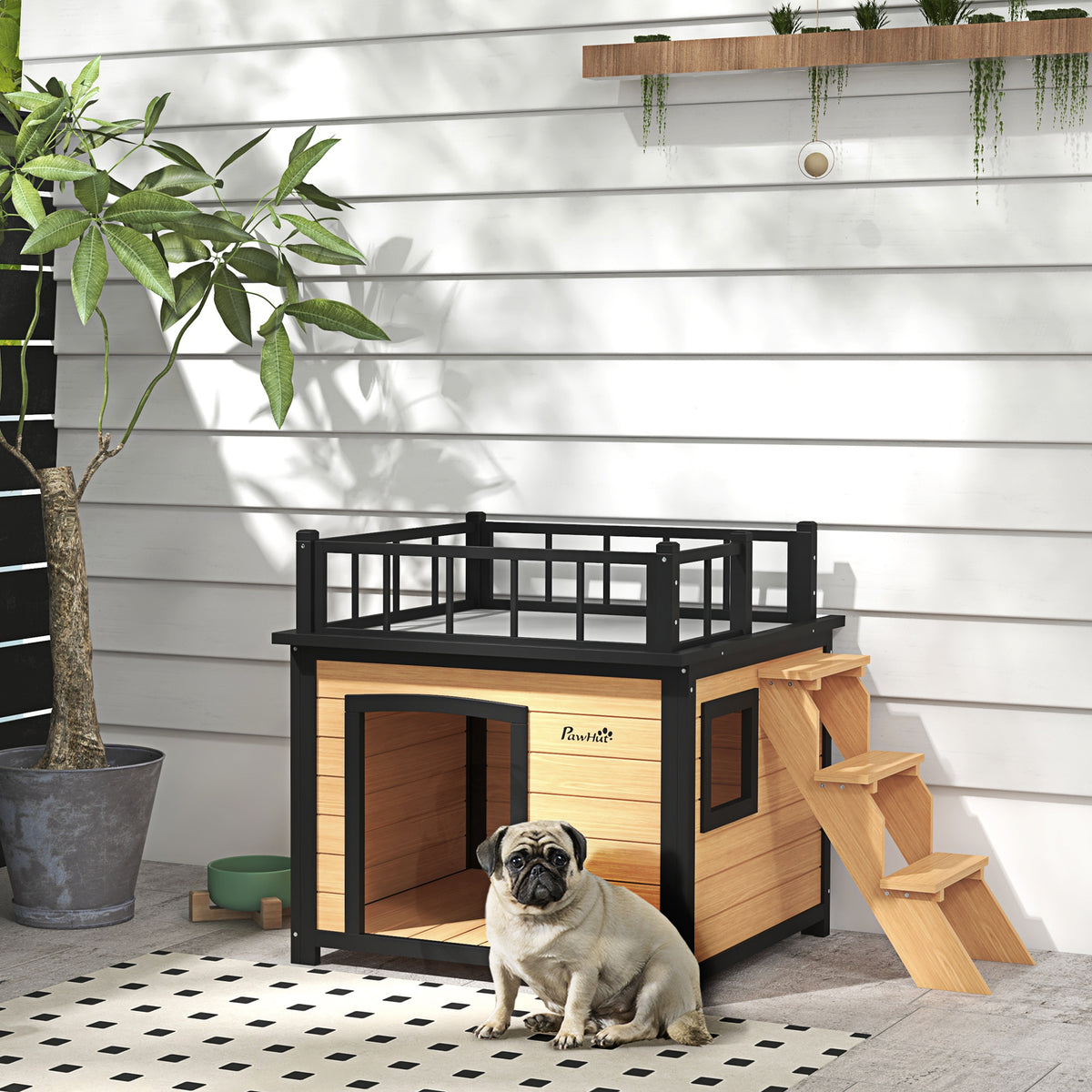 Dog house with roof terrace, weatherproof, wood, 121x77x78cm, black/yellow (2)