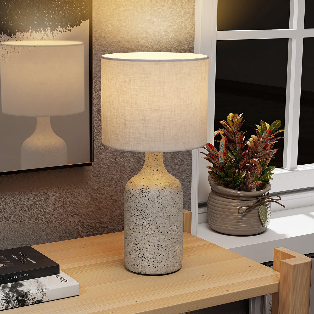 Table lamp, bedside lamp, desk lamp with ceramic base, linen lampshade, 22x22x45 cm sand color + beige (2)