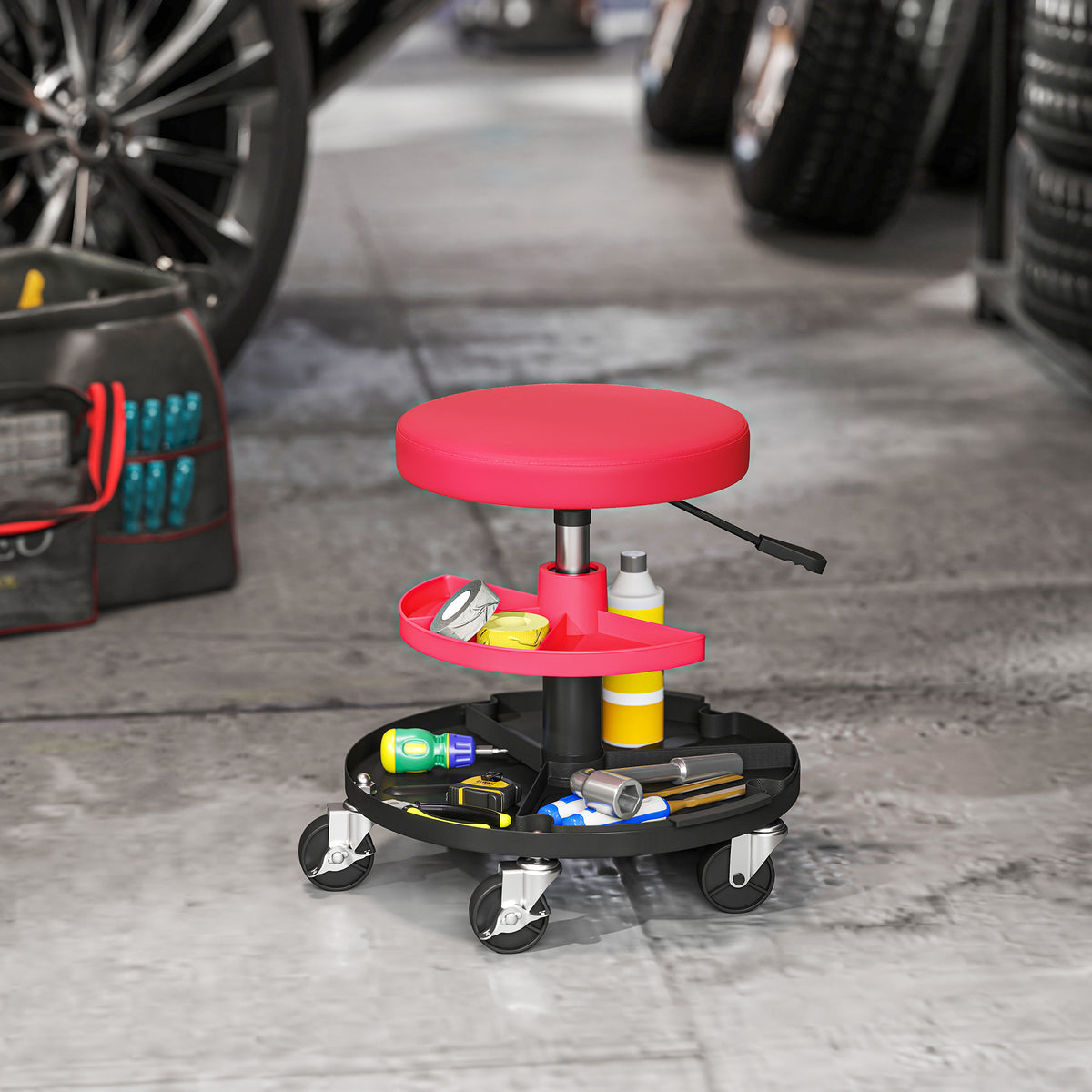 Workshop stool with wheels, trays, height-adjustable 40-51 cm, rolling stool, load capacity up to 135 kg, red (2)