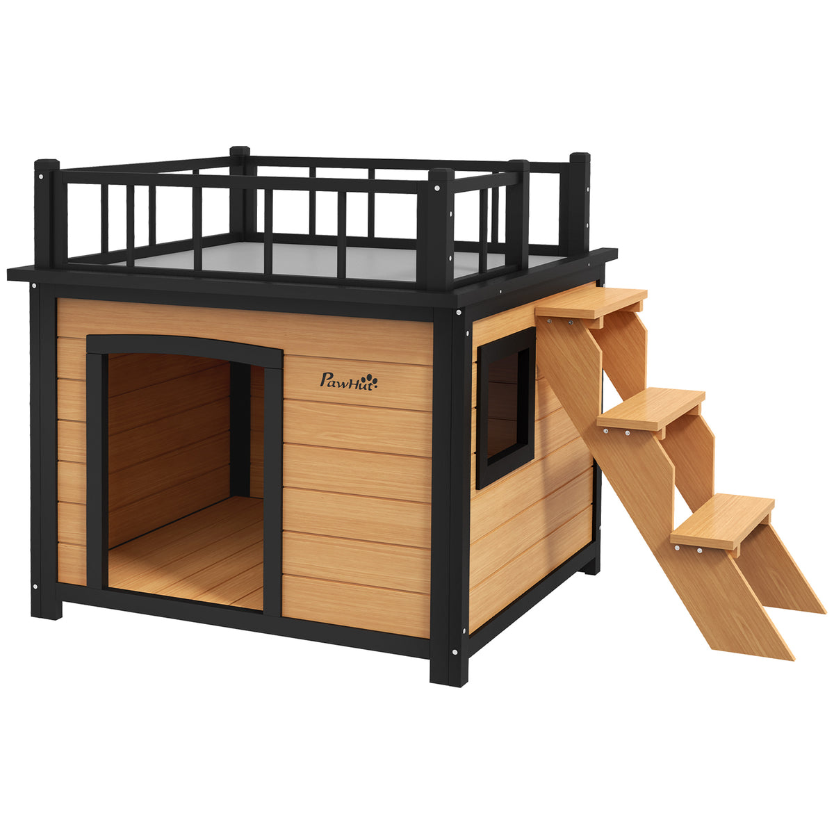 Dog house with roof terrace, weatherproof, wood, 121x77x78cm, black/yellow
