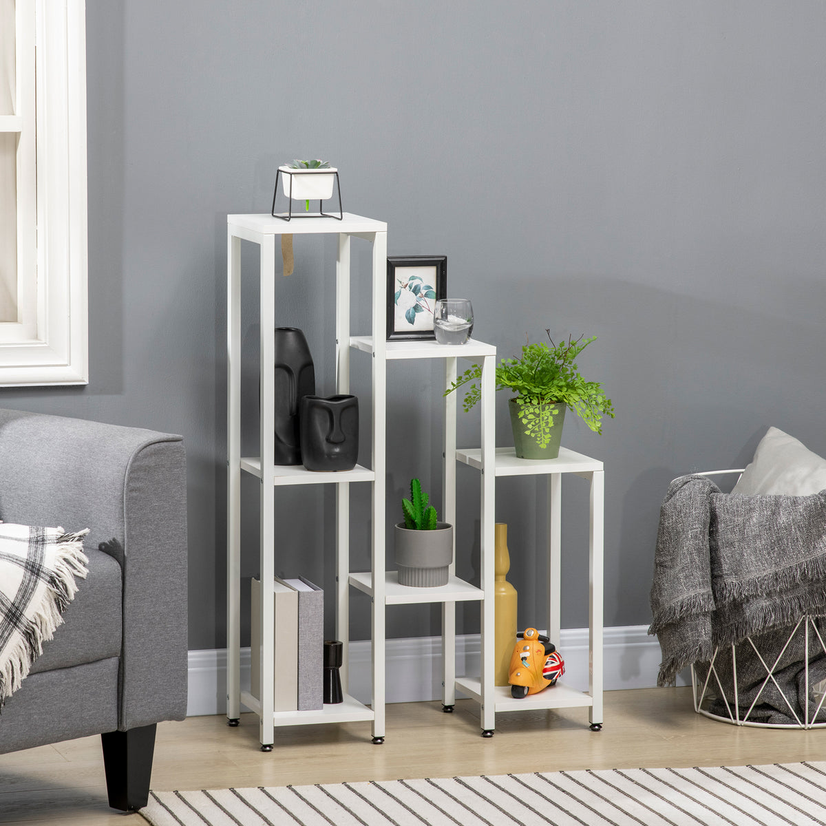 Flower stand, plant stand, 7 tiers, for indoor and outdoor use, steel, white, 65 x 23 x 94.5 cm (2)