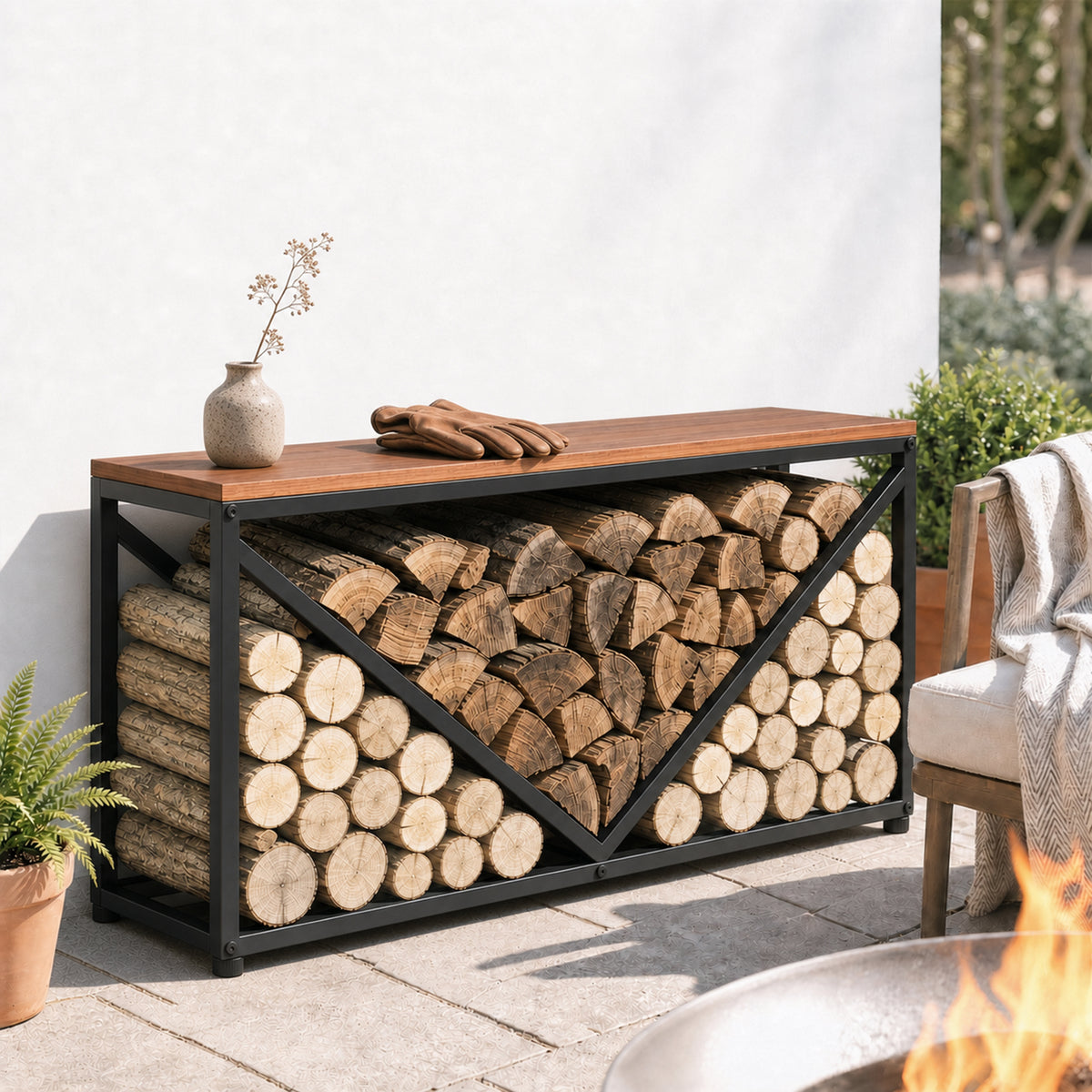 2-in-1 indoor firewood rack 98 x 28 x 50 cm, raised firewood storage with shelf, partition, and side table (2)