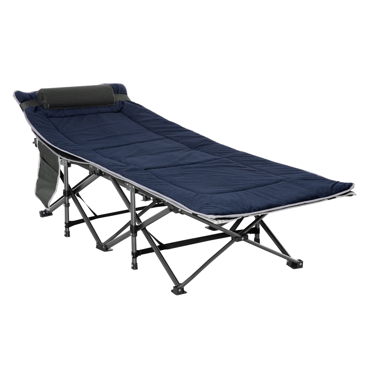 Camping bed, folding cot with pillow, 188 x 64.5 x 53 cm, dark blue+gray