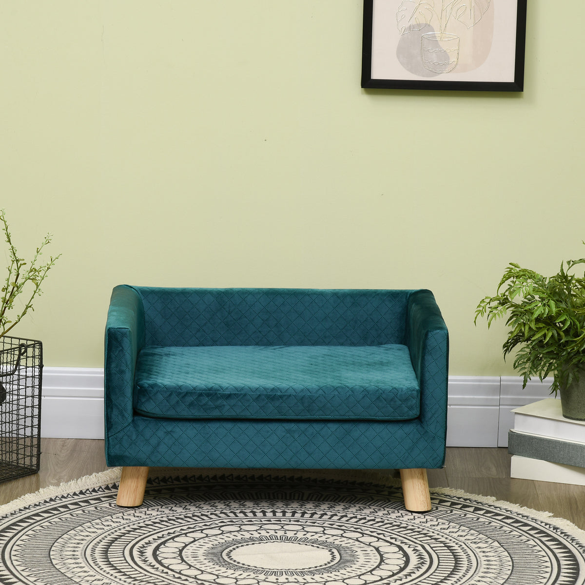 Velvet dog sofa, dog bed, dog couch with backrest, wooden legs, cushion, up to 8 kg, 64 x 45 x 36 cm, blue (9)