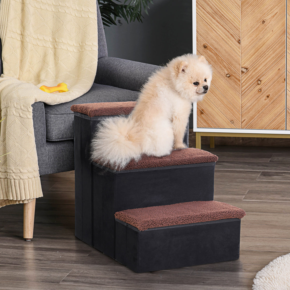 Pet stairs, cat stairs, dog stairs, foldable 3-step pet stairs with storage for cats and dogs, MDF, black, 40 x (2)