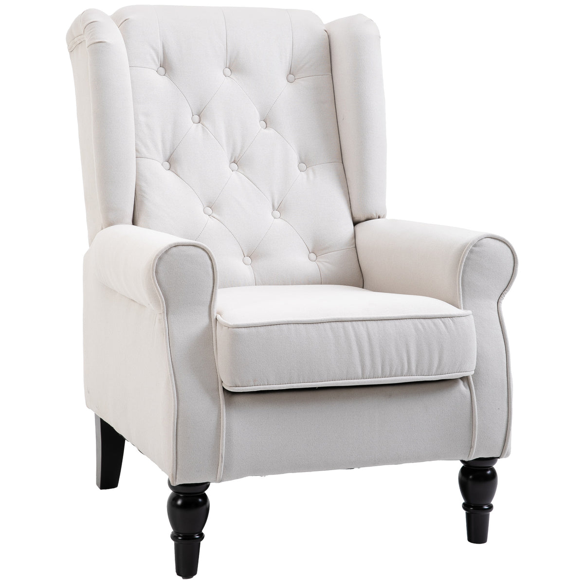 Wingback recliner armchair, vintage design, button tufting, turned legs, 74 cm x 86 cm x 102 cm, cream white