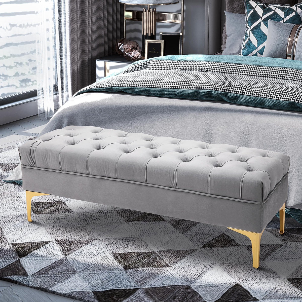 Bench bed bench shoe bench with raised legs bedroom velvet light grey (2)