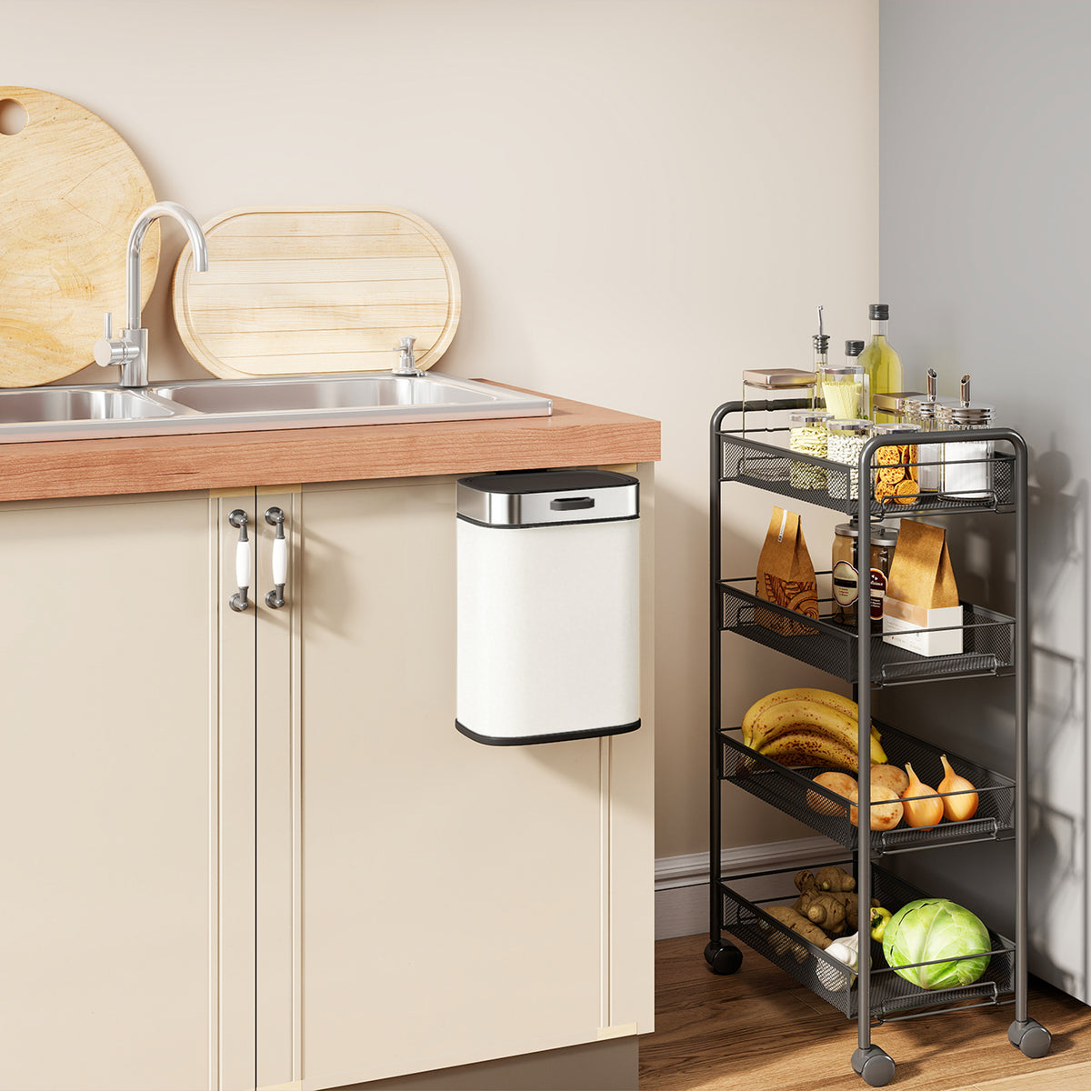 5 L waste bin, can be placed freestanding or wall-mounted, stainless steel, cream white (2)