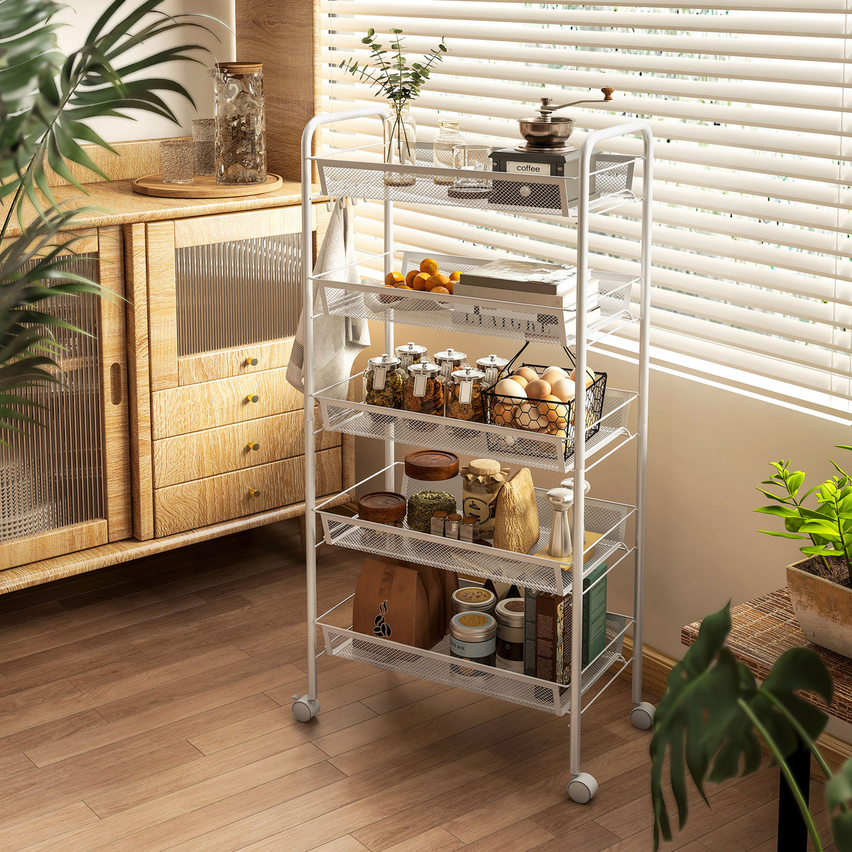 Kitchen trolley with 5 wire baskets, 4 hooks, 4 casters, 2 handles, steel/plastic, 45x26.5x106 cm, white (2)