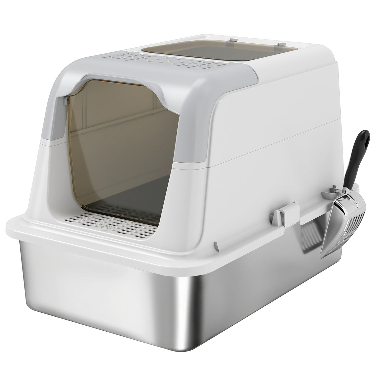 Cat litter box, covered litter box with lid, litter scoop, front entrance and top exit, stainless steel, for