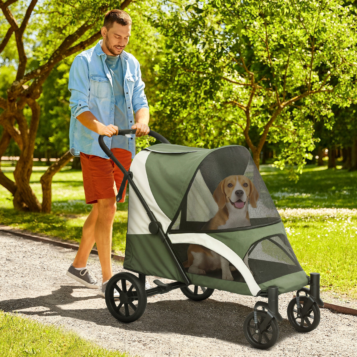 Dog Stroller, Foldable Pet Buggy for Medium-Sized Dogs, 4-Wheel Pet Carriage, Safety Leashes Brakes Dark Green (2)