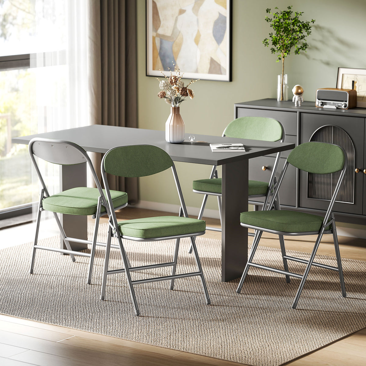 Set of 4 padded folding chairs, foldable chairs with corduroy upholstery, backrest, metal frame, green (2)