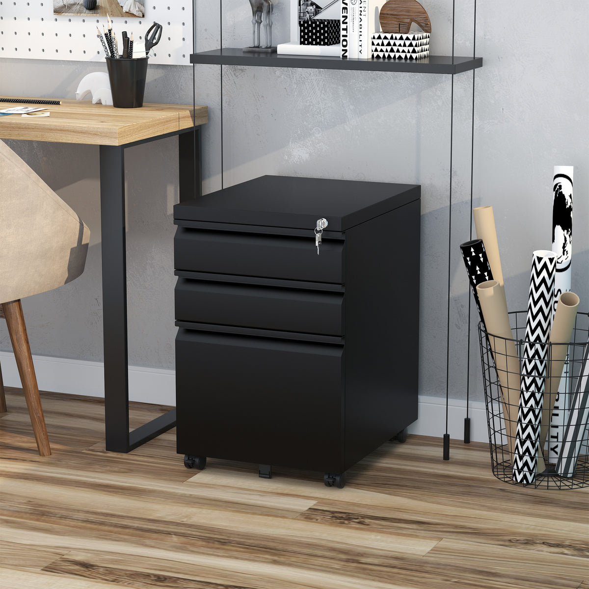 Mobile pedestal, 3 drawers, 5 casters, hanging file folder, lockable, steel, black 39 x 48 x 60 cm (2)
