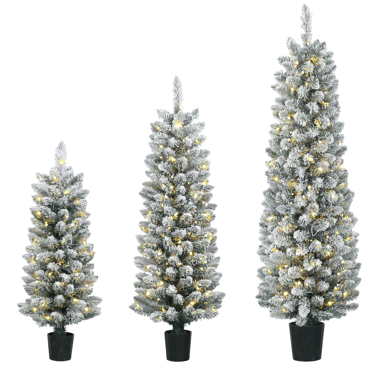 Set of 3 flocked LED Christmas trees, slim, with PVC branches, 90/120/150 cm