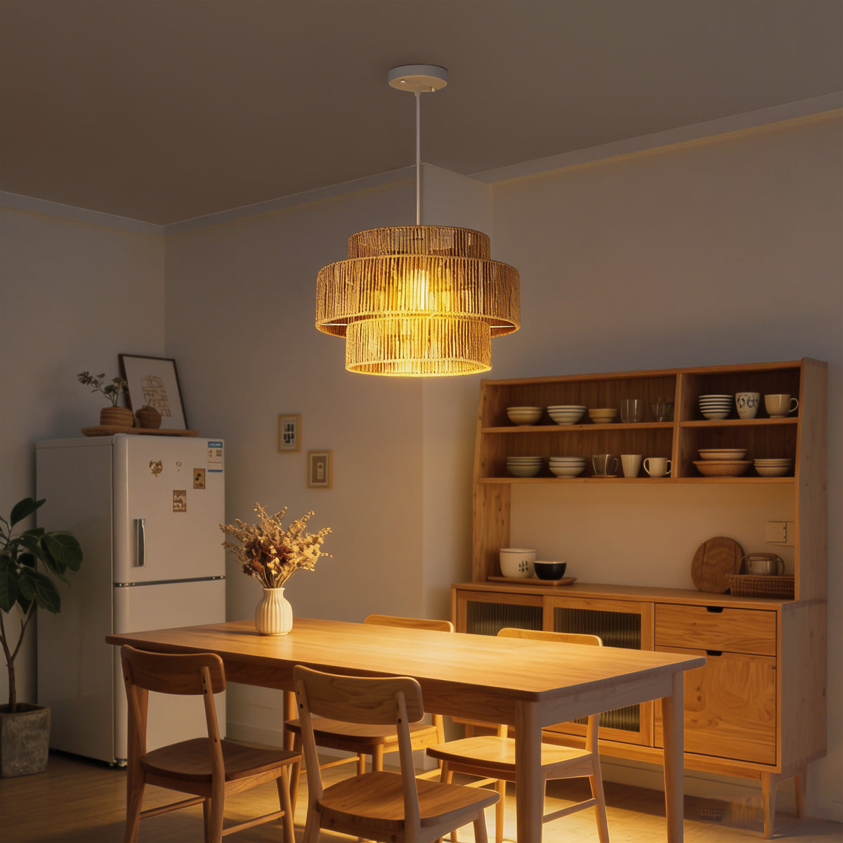 Pendant lamp, 3-tier lampshade, metal, hemp rope, light brown (2)