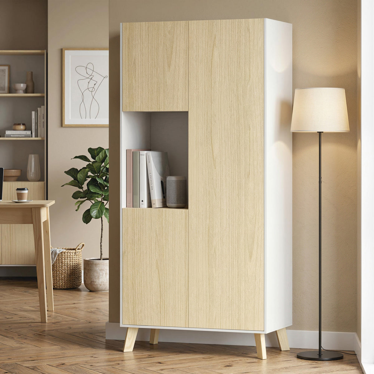 170 cm kitchen cabinet, modern cabinet with open compartment, adjustable shelves, natural wood look (9)