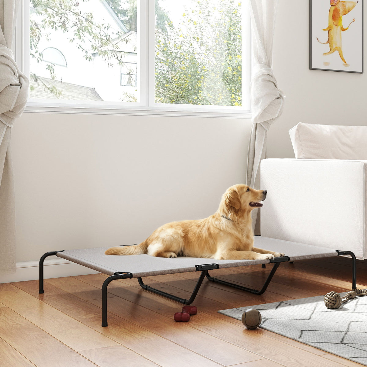 Outdoor Dog Cot, Elevated Dog Bed for Large Dogs, with Steel Frame, Breathable Mesh Fabric, 152x94x23 cm, Beige (10)