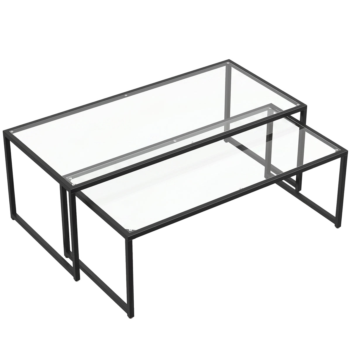 Set of 2 coffee tables, glass tables, with powder-coated steel, black + transparent